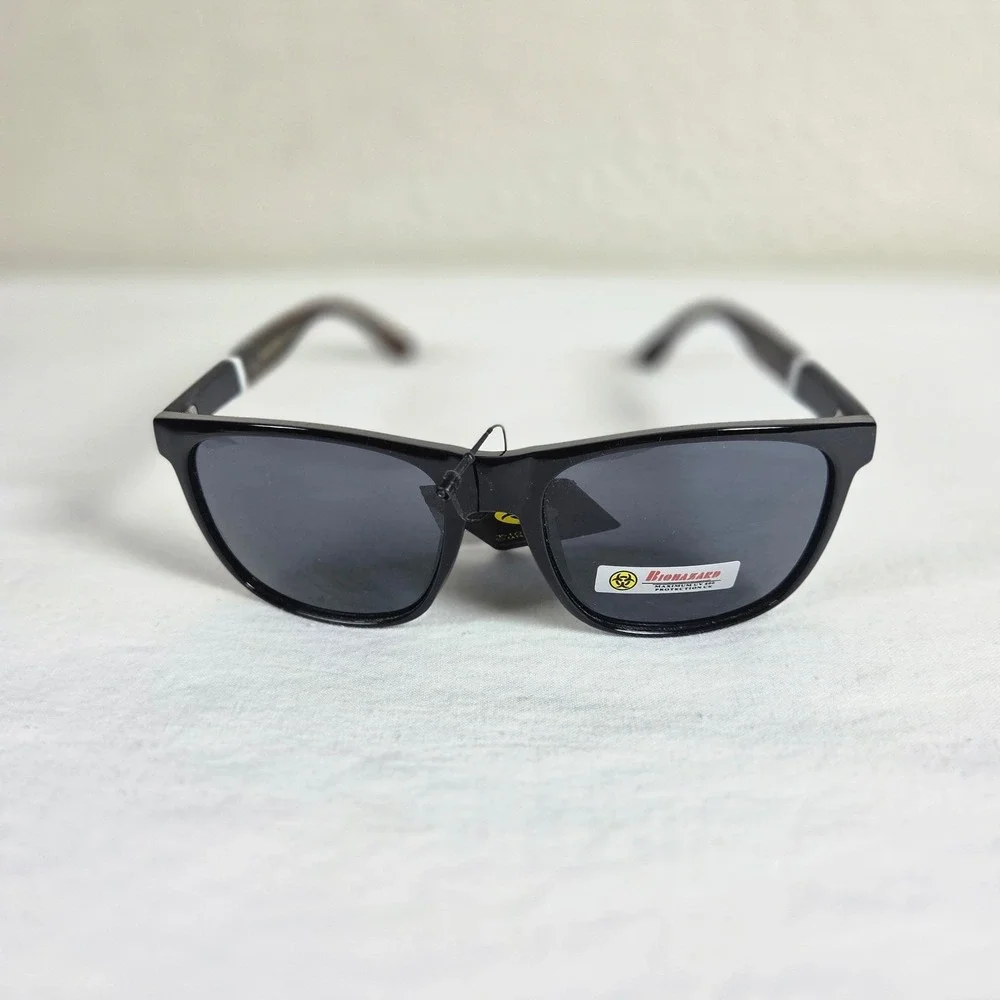Biohazard Sunglasses Black Square Frame Wood Grain Arms UV400 Protection NEW